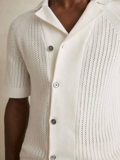 Cotton Textured-Knit Cuban-Collar Shirt in White | Reiss Men Premium