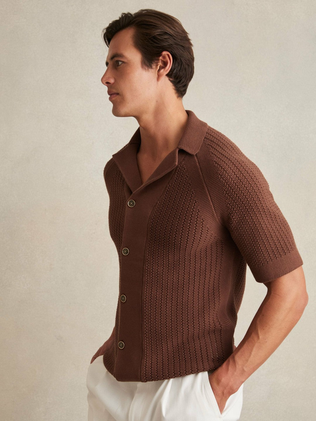 Cotton Textured-Knit Cuban-Collar Shirt in Tobacco Brown | Reiss Men Popular