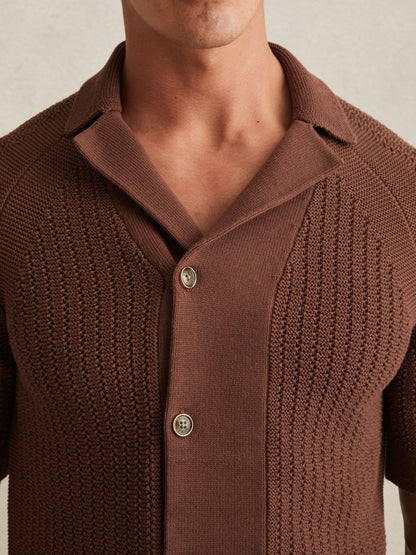 Cotton Textured-Knit Cuban-Collar Shirt in Tobacco Brown | Reiss Men Popular