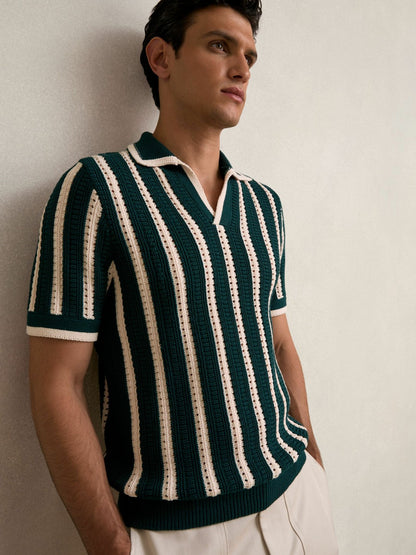 Cotton Blend Stripe Knit Polo Shirt in Dark Teal Green/Ecru | Reiss Men Trending