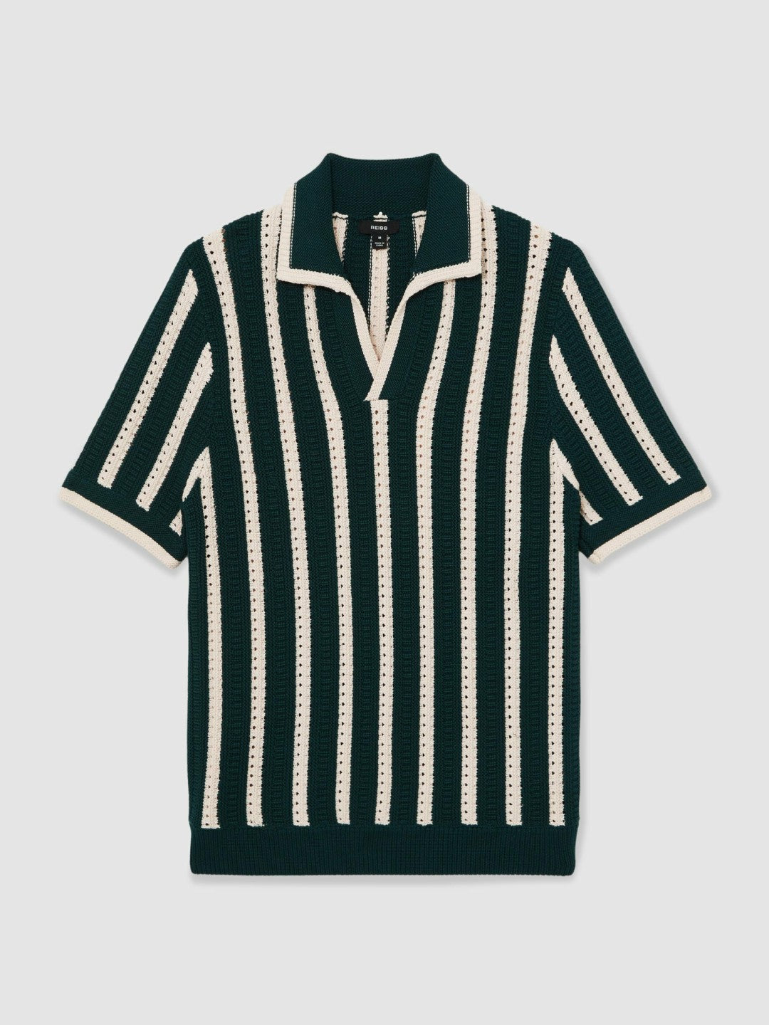 Cotton Blend Stripe Knit Polo Shirt in Dark Teal Green/Ecru | Reiss Men Trending