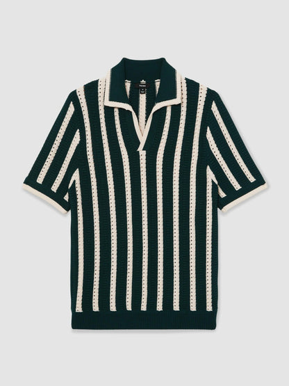 Cotton Blend Stripe Knit Polo Shirt in Dark Teal Green/Ecru | Reiss Men Trending