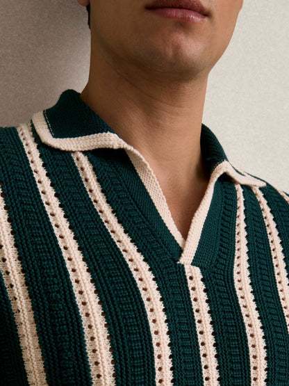 Cotton Blend Stripe Knit Polo Shirt in Dark Teal Green/Ecru | Reiss Men Trending