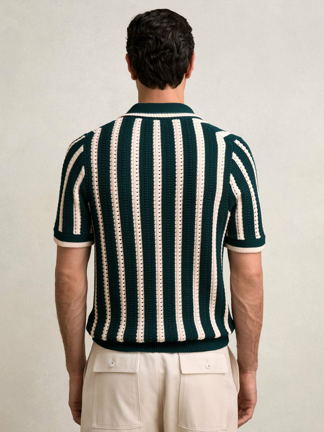 Cotton Blend Stripe Knit Polo Shirt in Dark Teal Green/Ecru | Reiss Men Trending