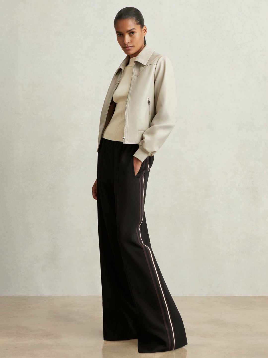 Petite Side-Stripe Wide-Leg Trousers in Black | Reiss Women Exclusive