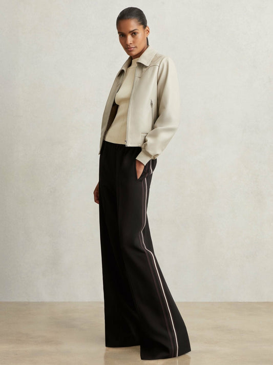 Petite Side-Stripe Wide-Leg Trousers in Black | Reiss Women Exclusive