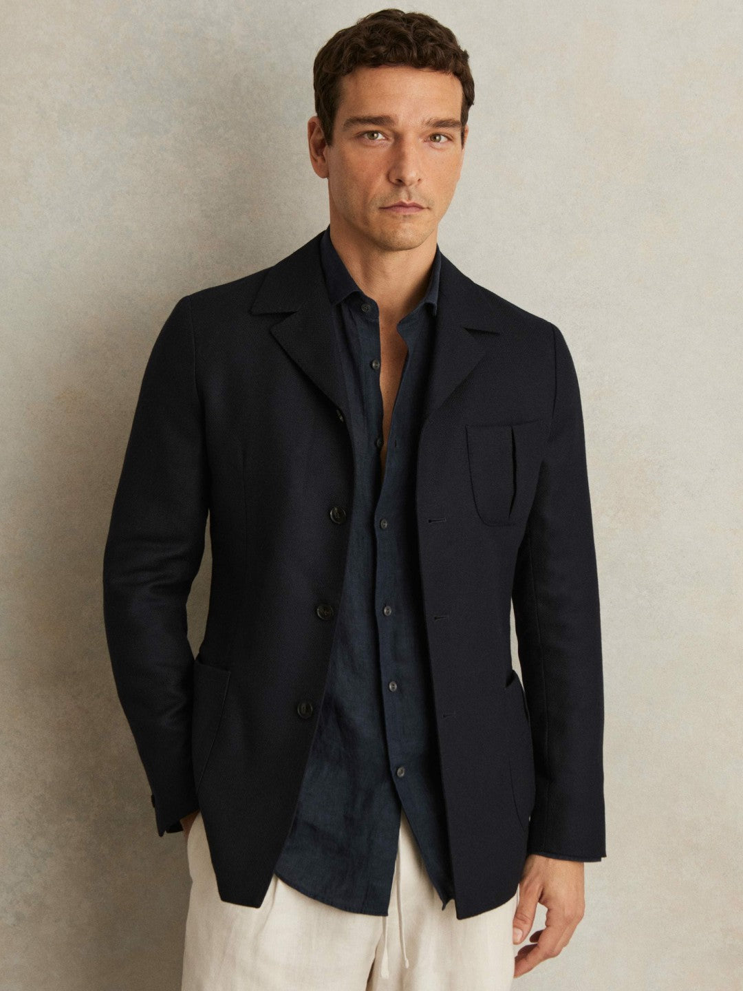 Wool-Blend Single-Breasted Blazer Slim-Fit in Navy | Reiss Men Exclusive