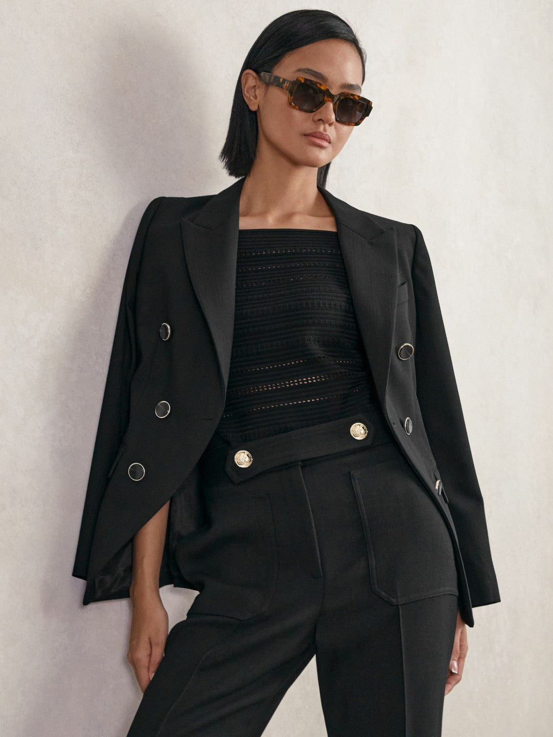 Petite Wool-Blend Double-Breasted Blazer in Black | Reiss Women Premium