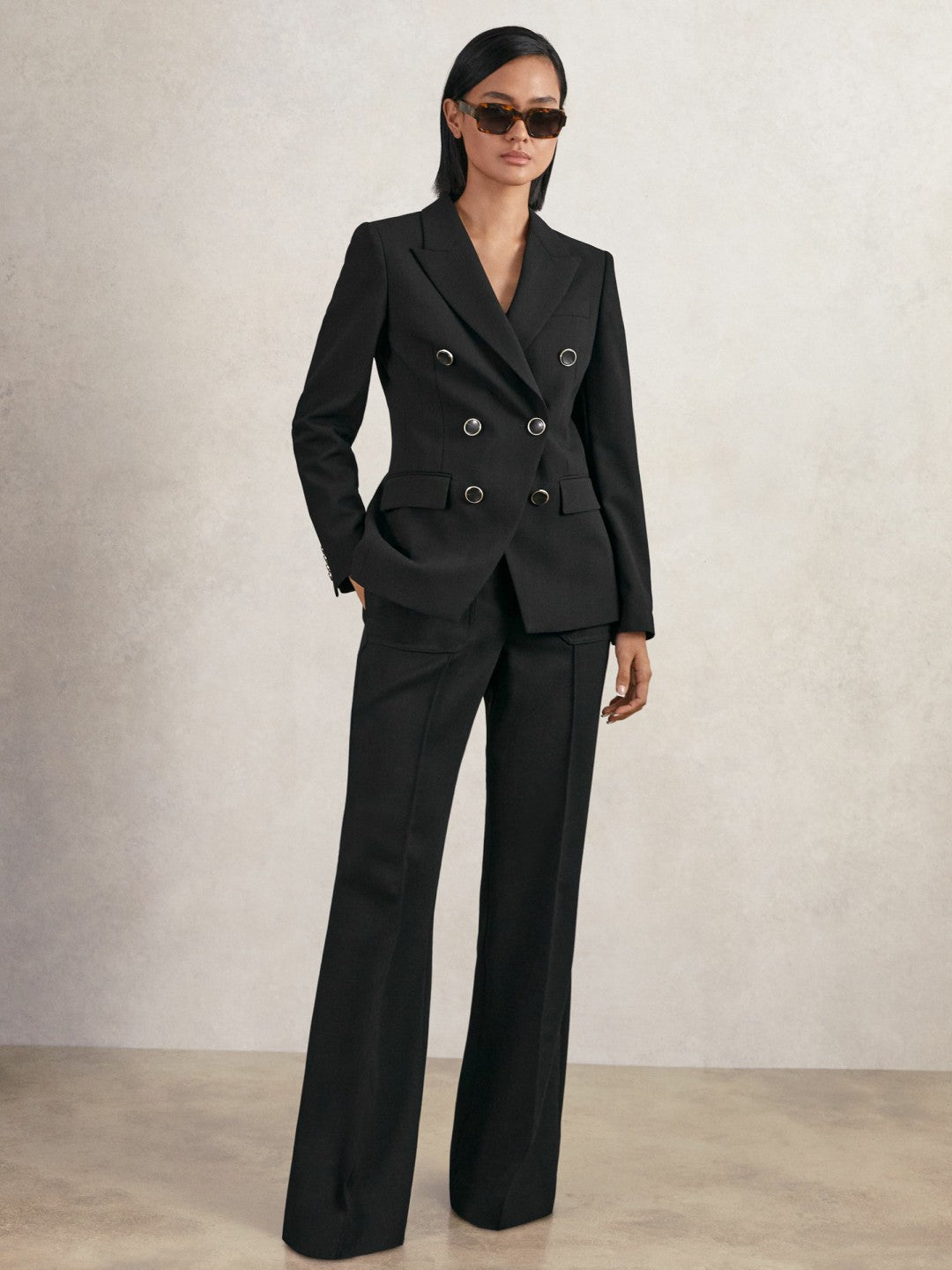 Petite Wool-Blend Double-Breasted Blazer in Black | Reiss Women Premium