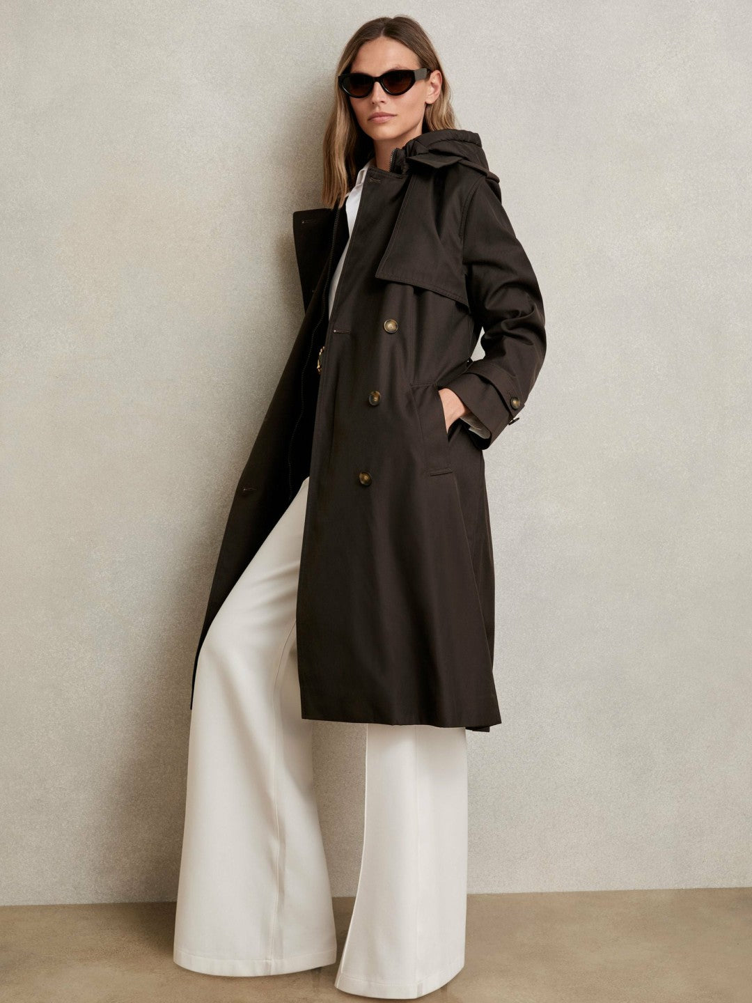 Petite Hooded Insert Trench Coat in Chocolate Brown | Reiss Women New
