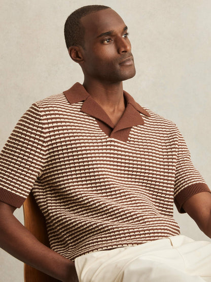 Cotton Textured Knit Stripe Polo Shirt in Tobacco Brown/ Off White | Reiss Men Trending