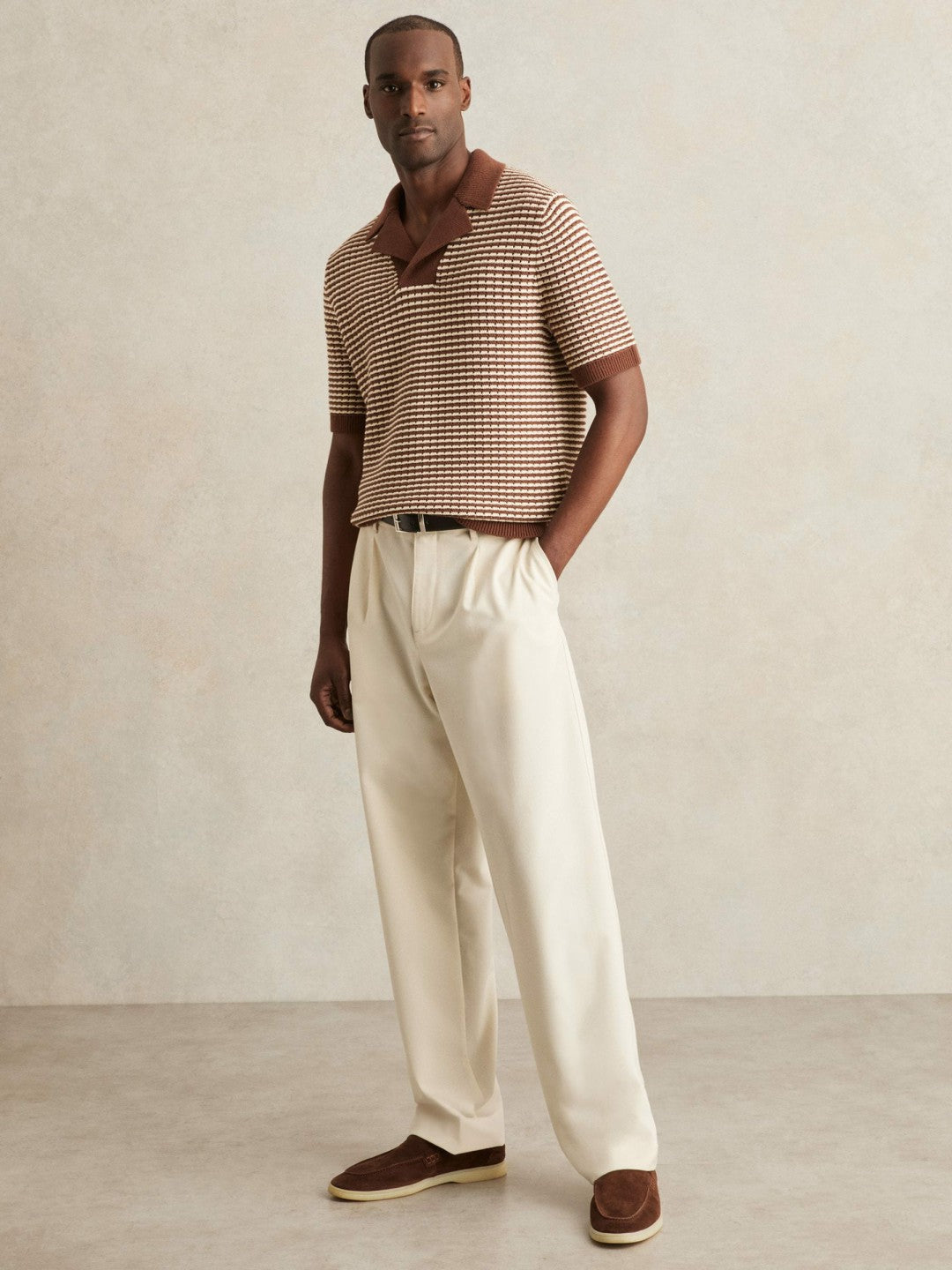 Cotton Textured Knit Stripe Polo Shirt in Tobacco Brown/ Off White | Reiss Men Trending