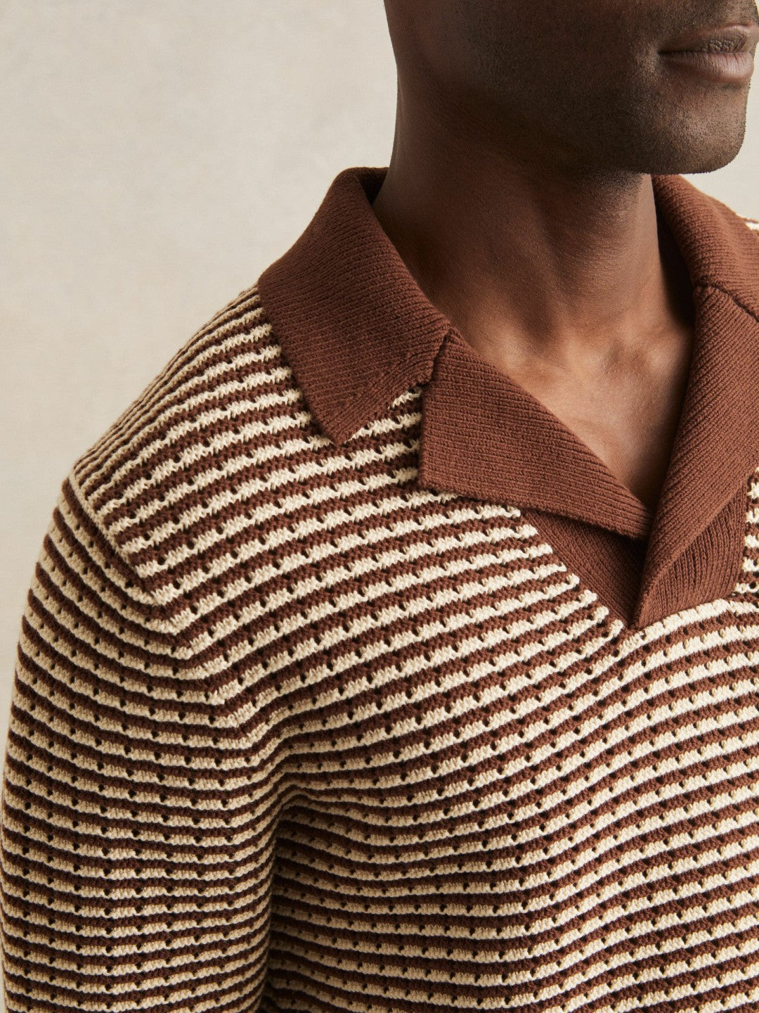 Cotton Textured Knit Stripe Polo Shirt in Tobacco Brown/ Off White | Reiss Men Trending