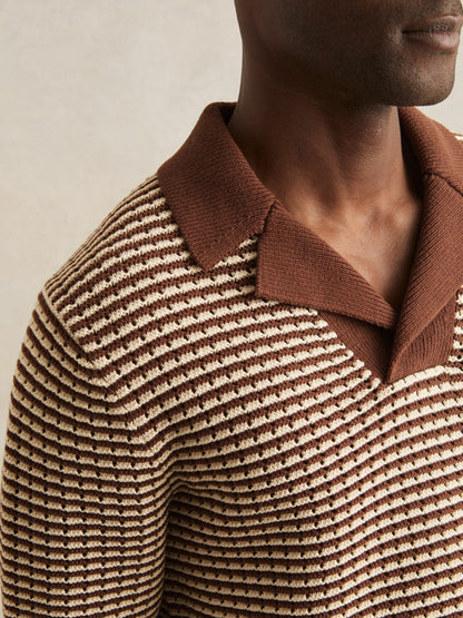 Cotton Textured Knit Stripe Polo Shirt in Tobacco Brown/ Off White | Reiss Men Trending