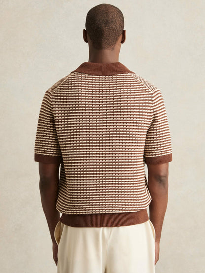 Cotton Textured Knit Stripe Polo Shirt in Tobacco Brown/ Off White | Reiss Men Trending