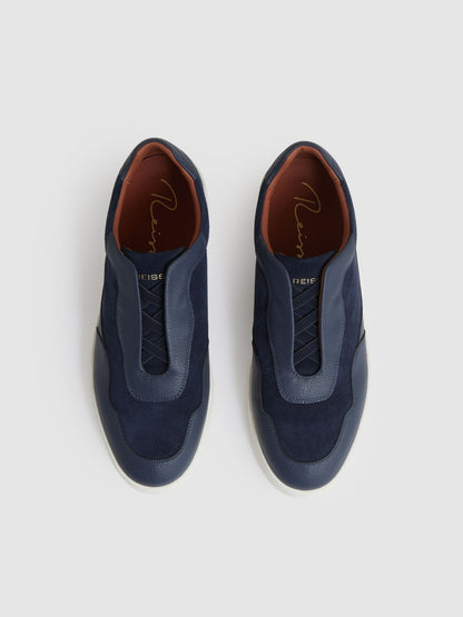 Leather Elasticated-Lace Trainers in Navy Blue | Reiss Men Premium