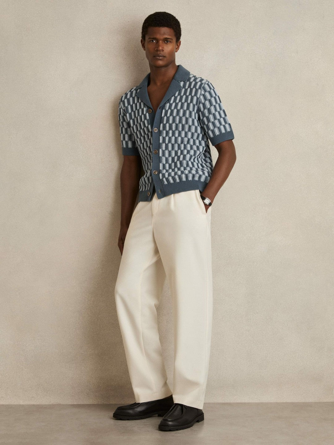 Cotton Checkerboard-Knit Shirt in Airforce Blue/Soft Blue | Reiss Men Premium