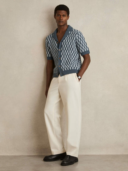 Cotton Checkerboard-Knit Shirt in Airforce Blue/Soft Blue | Reiss Men Premium