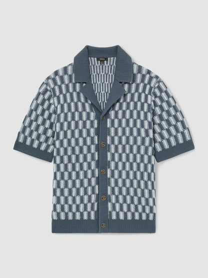 Cotton Checkerboard-Knit Shirt in Airforce Blue/Soft Blue | Reiss Men Premium