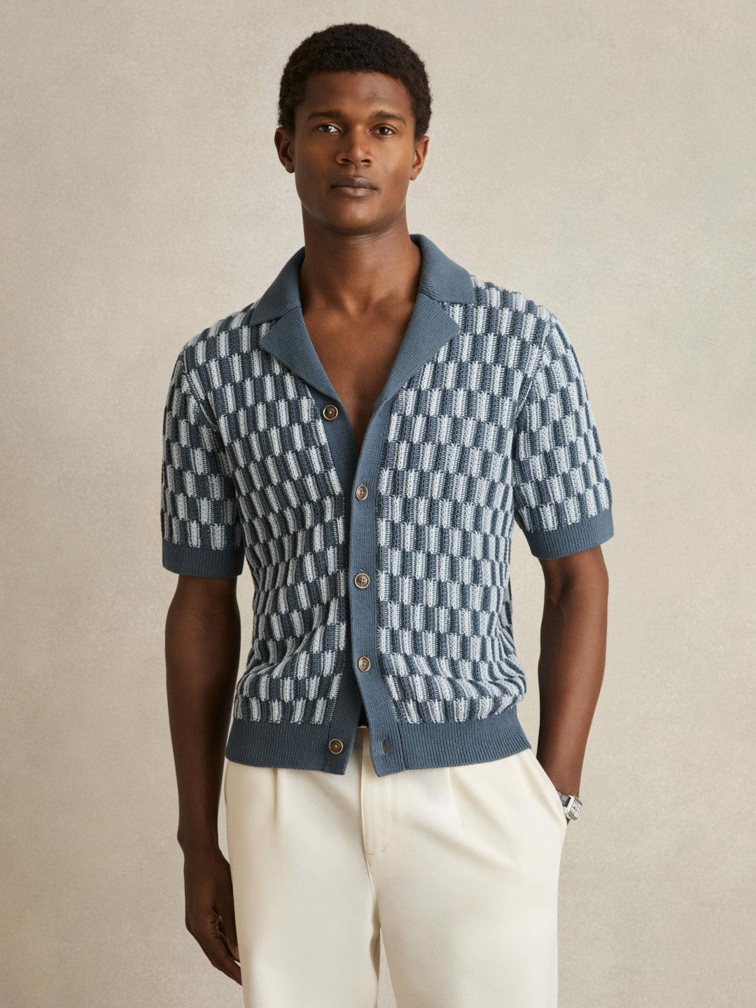 Cotton Checkerboard-Knit Shirt in Airforce Blue/Soft Blue | Reiss Men Premium