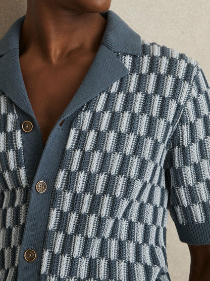 Cotton Checkerboard-Knit Shirt in Airforce Blue/Soft Blue | Reiss Men Premium