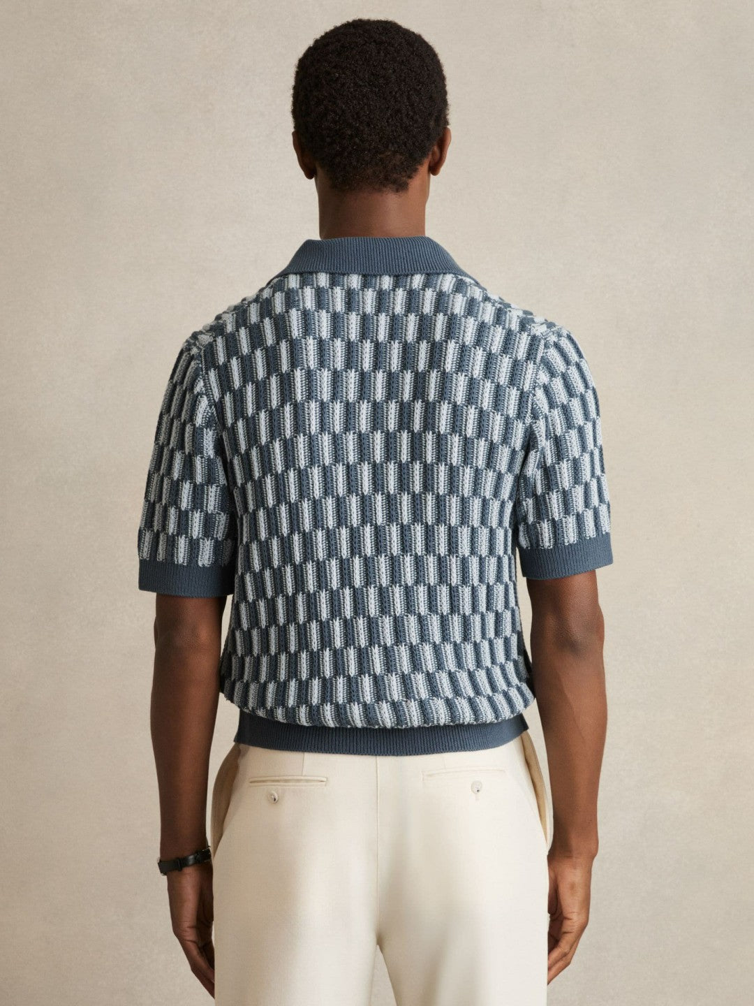 Cotton Checkerboard-Knit Shirt in Airforce Blue/Soft Blue | Reiss Men Premium