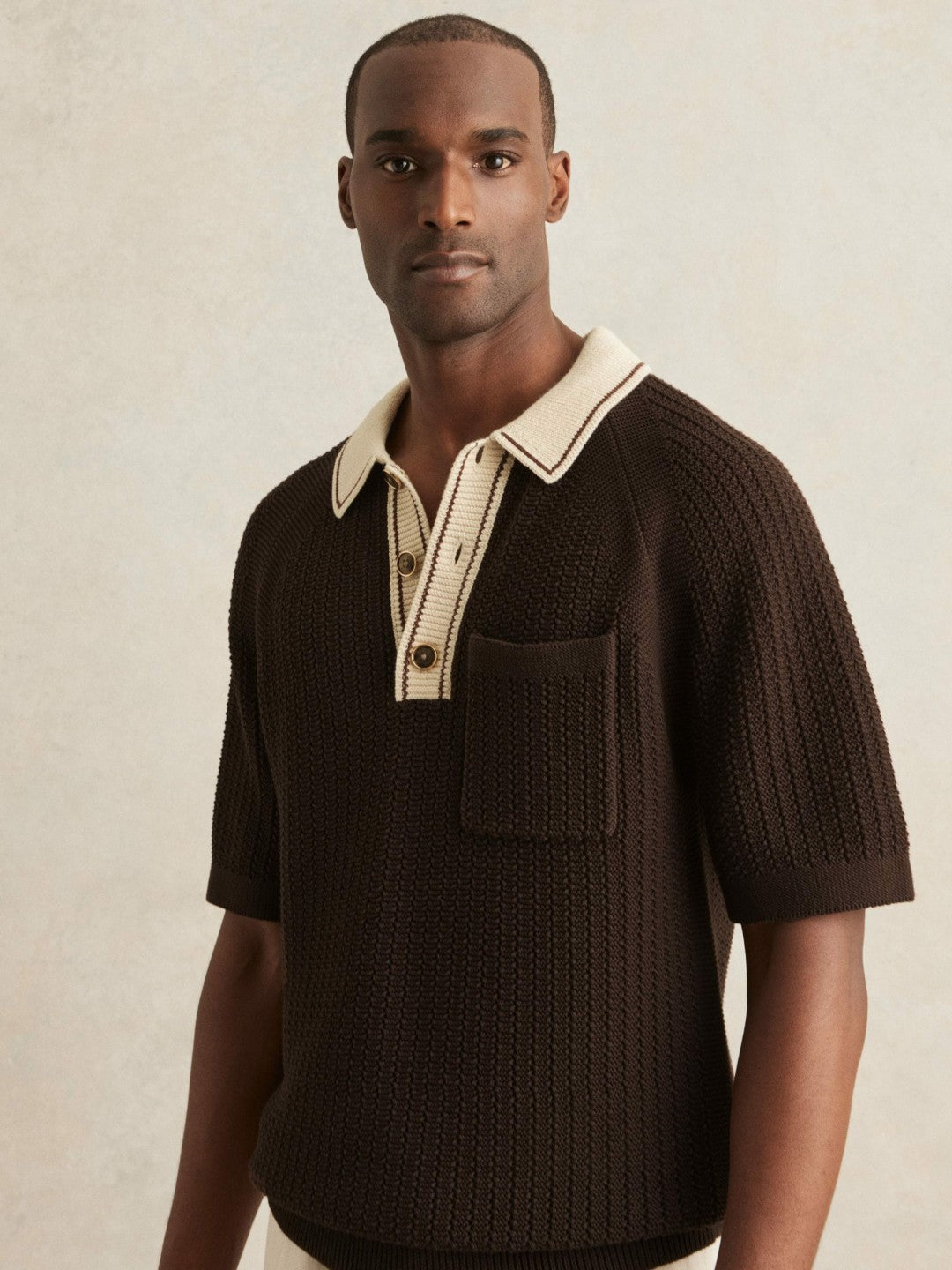 Cotton Textured Knit Contrast Polo Shirt in Dark Brown/Stone | Reiss Men Exclusive