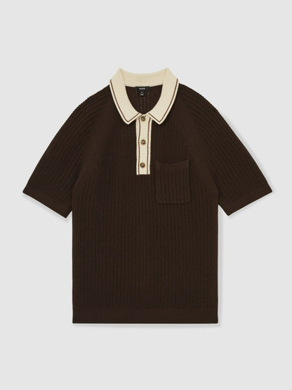 Cotton Textured Knit Contrast Polo Shirt in Dark Brown/Stone | Reiss Men Exclusive