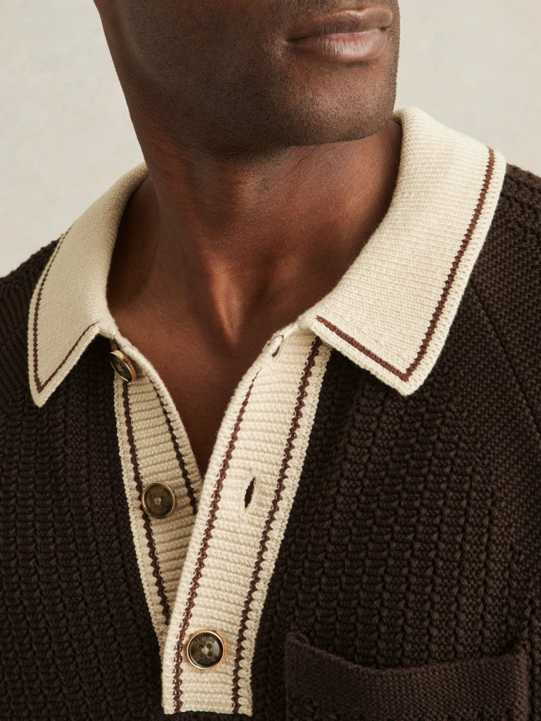 Cotton Textured Knit Contrast Polo Shirt in Dark Brown/Stone | Reiss Men Exclusive