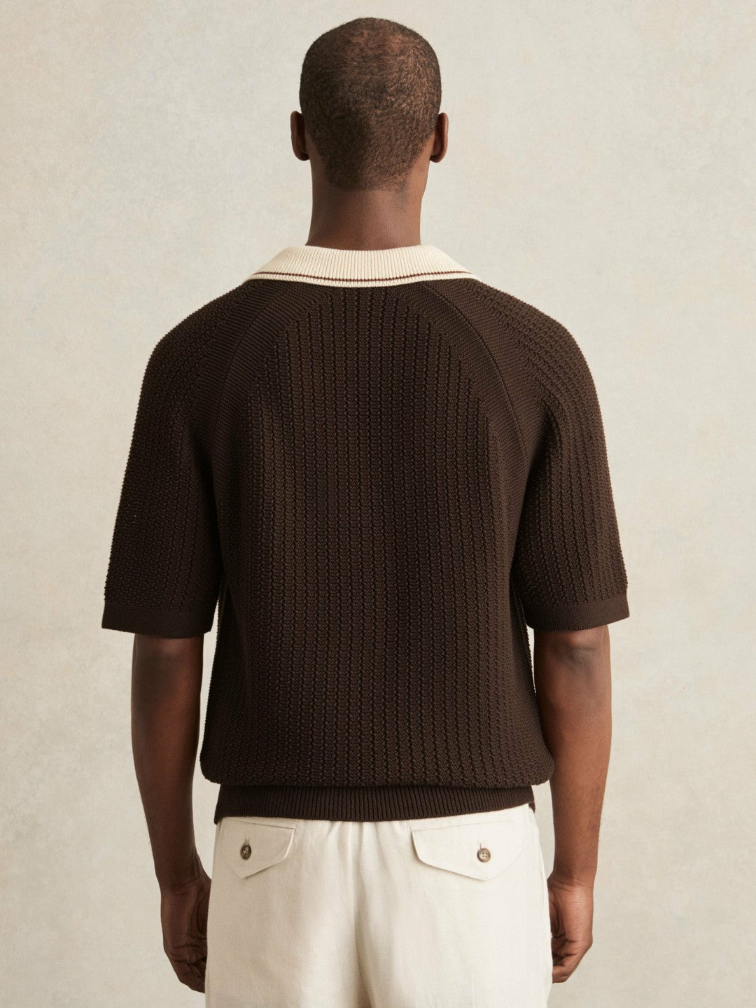Cotton Textured Knit Contrast Polo Shirt in Dark Brown/Stone | Reiss Men Exclusive