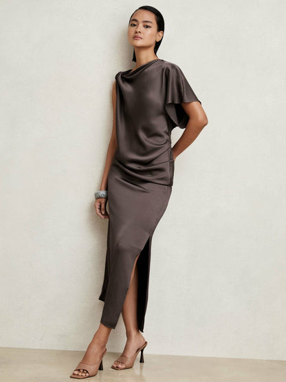 Satin Asymmetric Draped Midi Dress in Mauve | Reiss Women Popular