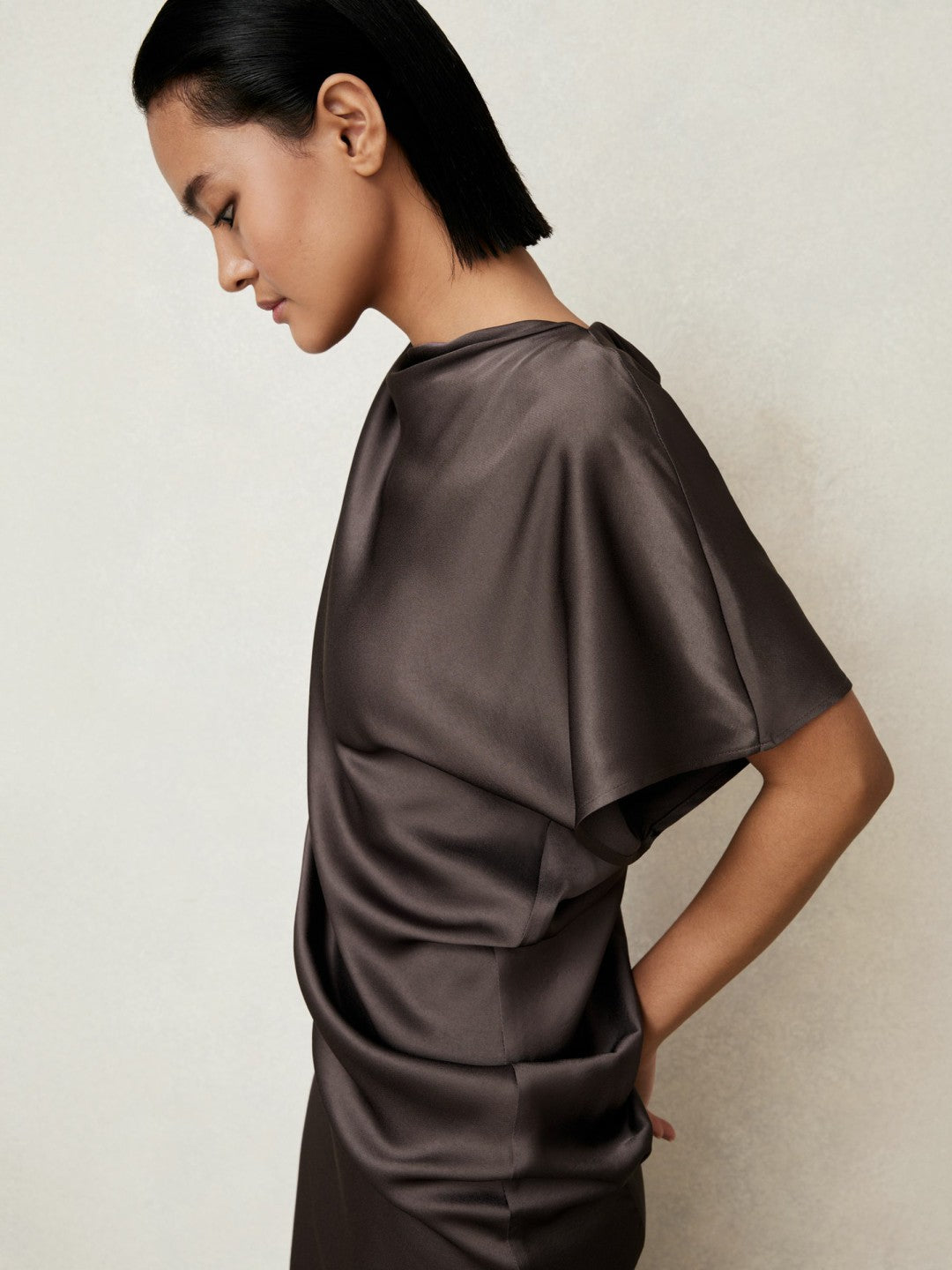 Satin Asymmetric Draped Midi Dress in Mauve | Reiss Women Popular