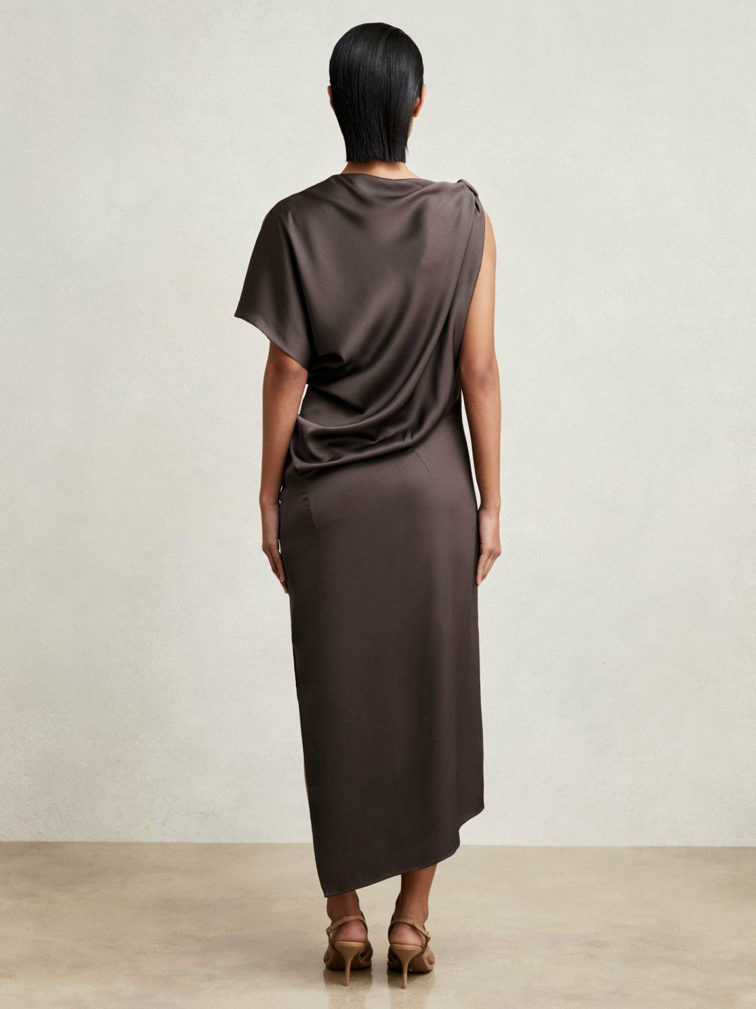 Satin Asymmetric Draped Midi Dress in Mauve | Reiss Women Popular