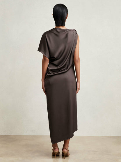 Satin Asymmetric Draped Midi Dress in Mauve | Reiss Women Popular