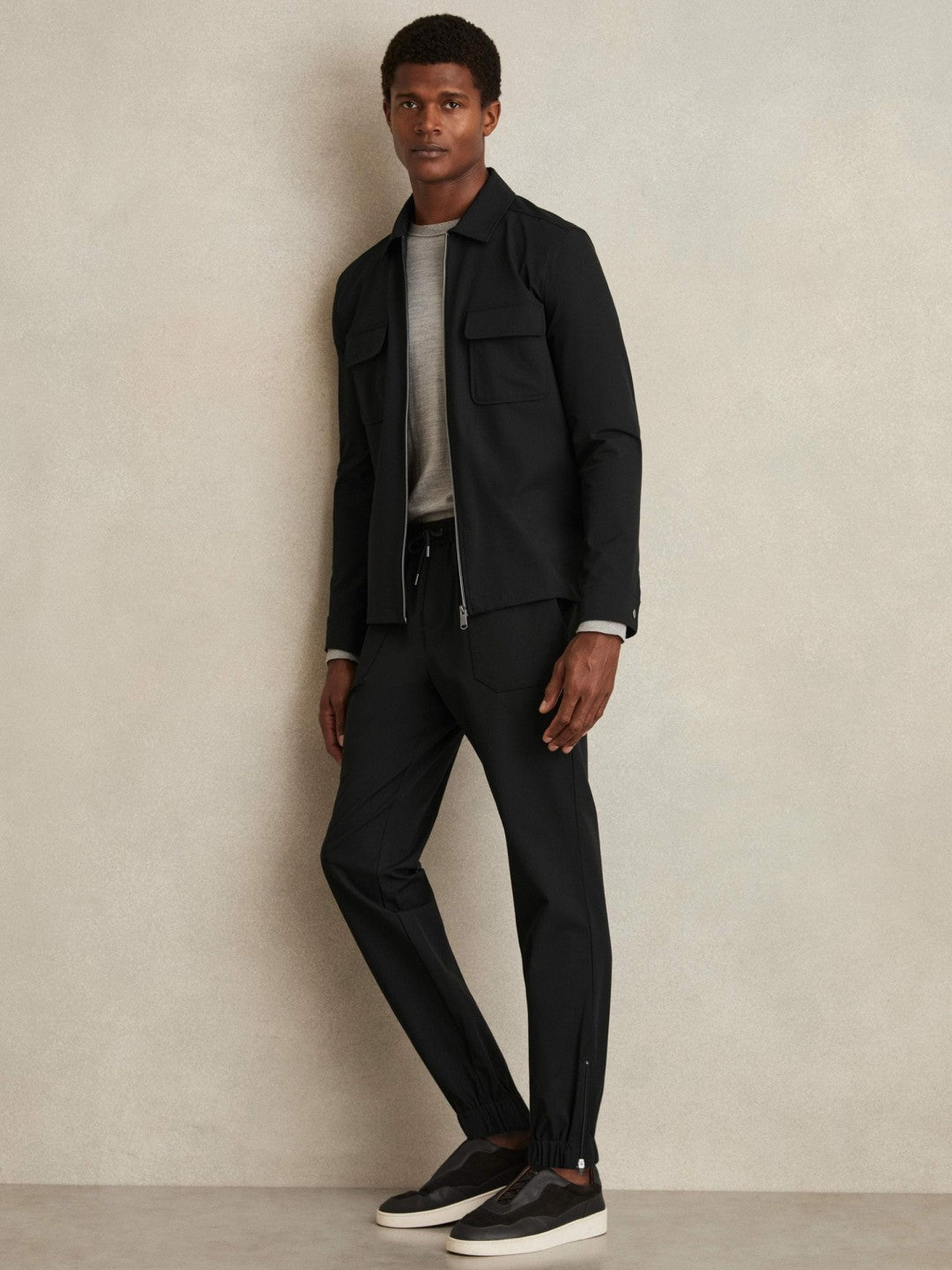 Drawstring Technical Cuffed Trousers in Black | Reiss Men Featured