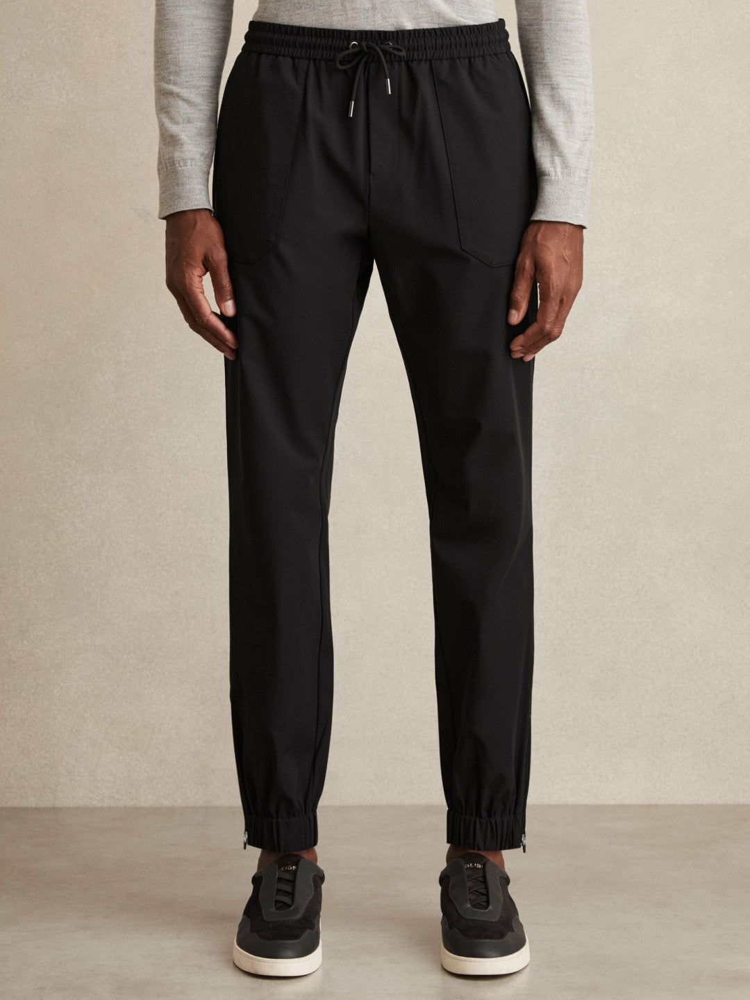 Drawstring Technical Cuffed Trousers in Black | Reiss Men Featured