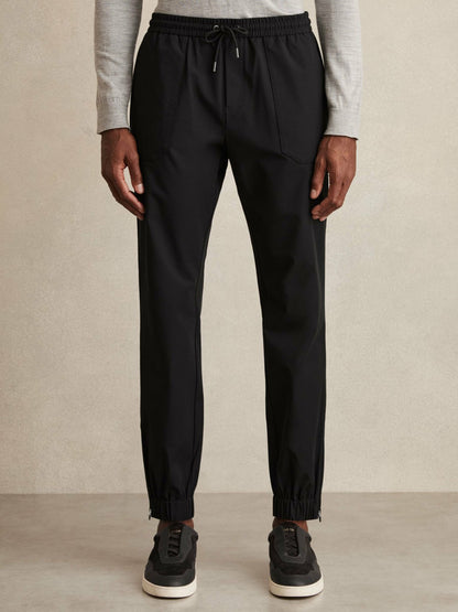 Drawstring Technical Cuffed Trousers in Black | Reiss Men Featured