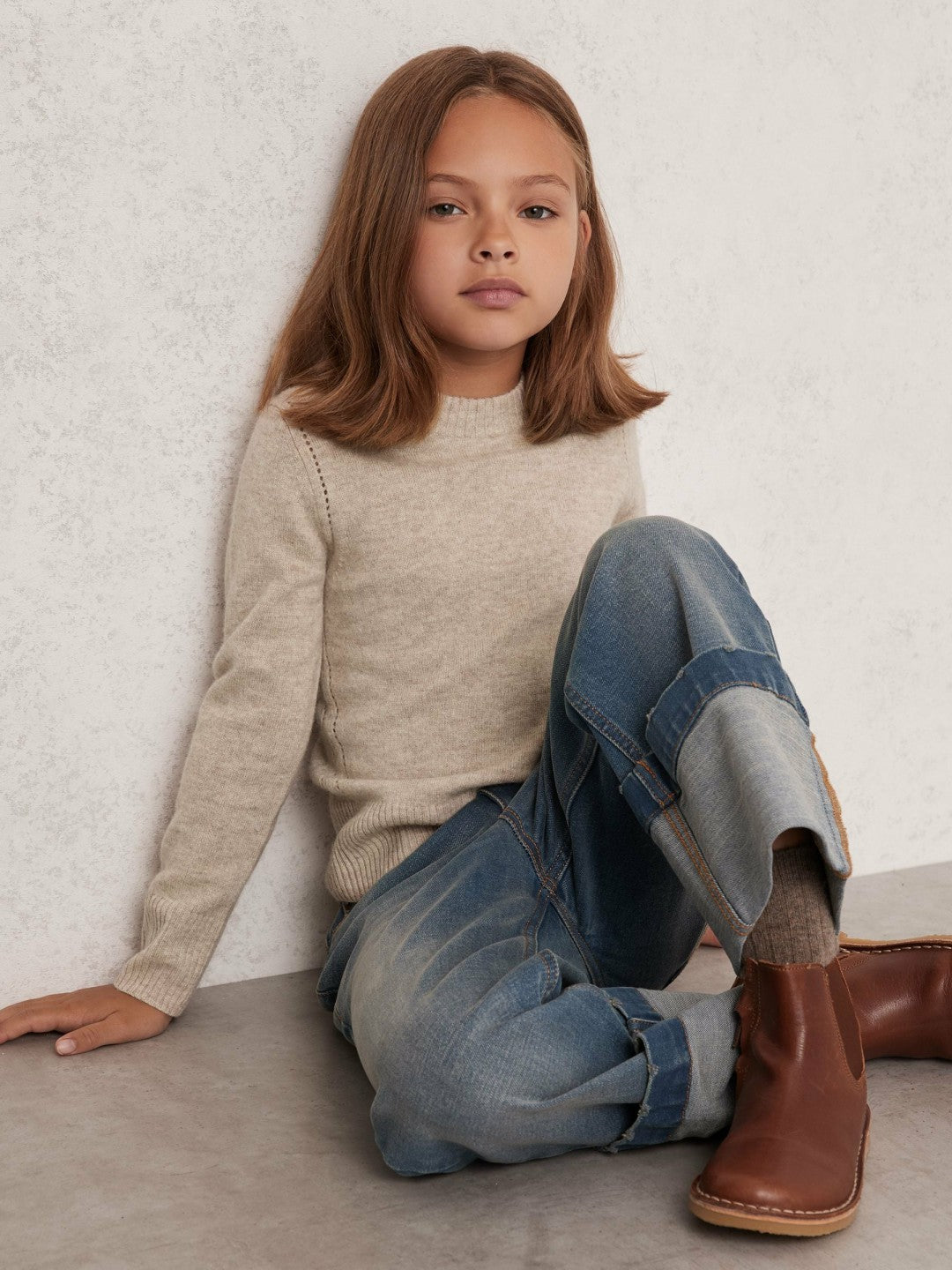 13-14 yrs Wool-Blend Open-Stitch Jumper with Cashmere in Oatmeal | Reiss Children & Baby New