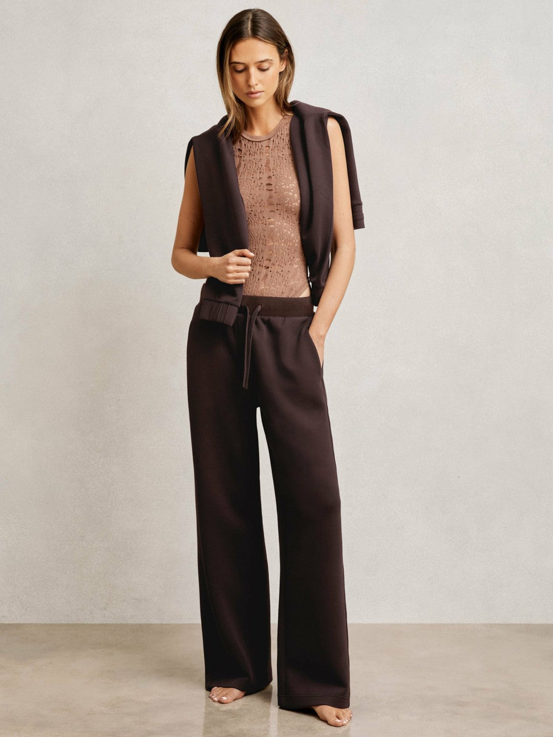 Wide-Leg Interlock Drawstring Joggers in Plum | Reiss Women Recommended