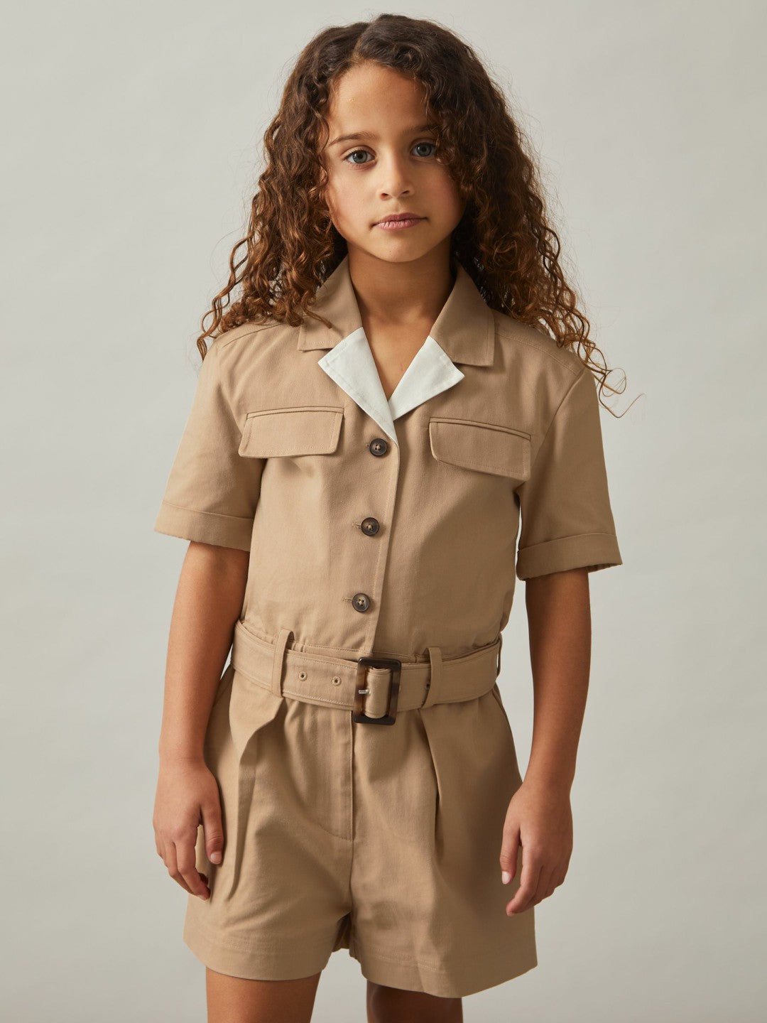 3-9 yrs Cotton-Lyocell Utility Playsuit in Camel | Reiss Children & Baby Signature