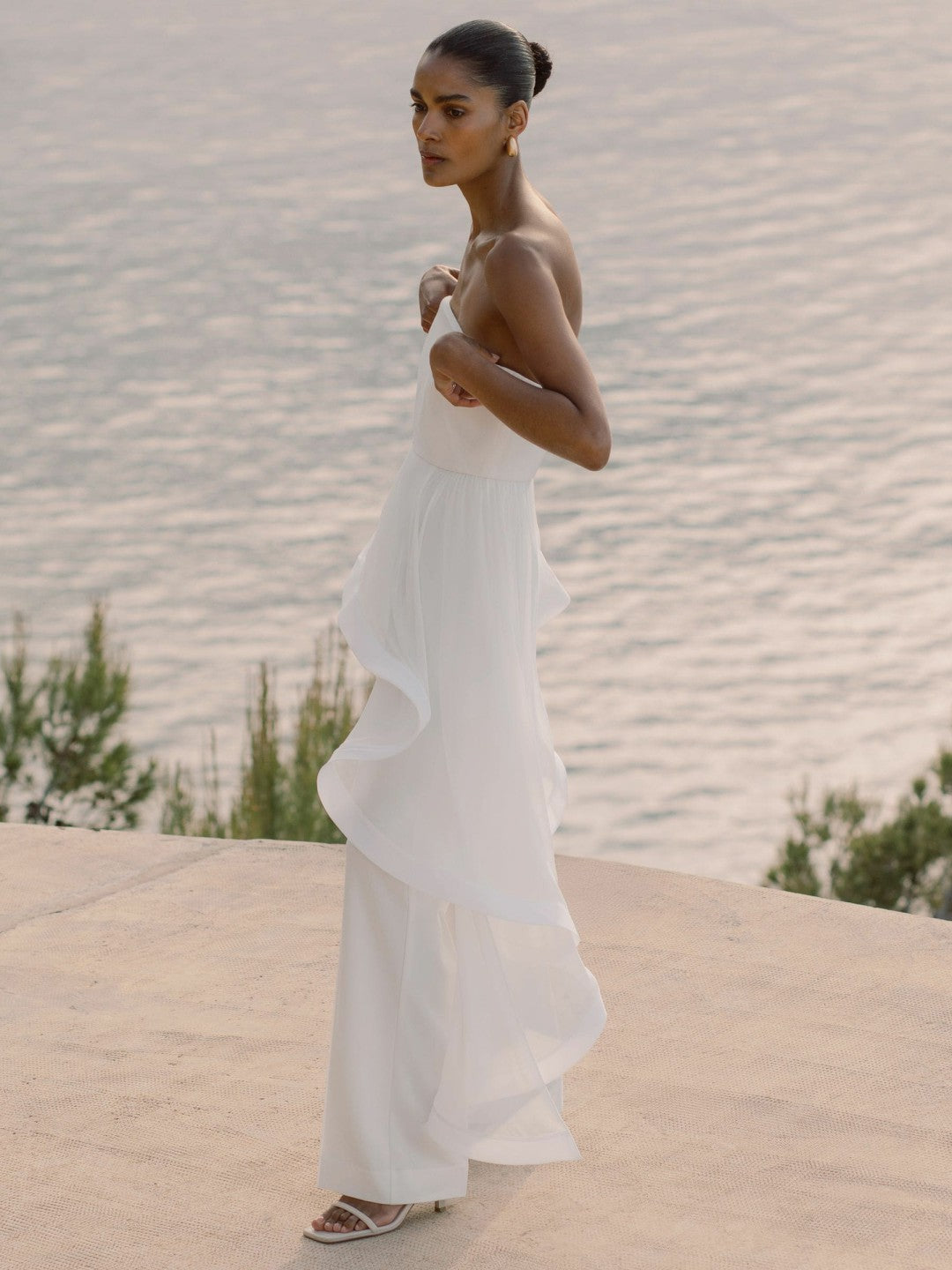 Silk Ruffle Bandeau Wide-Leg Jumpsuit in Ivory | Reiss Women New