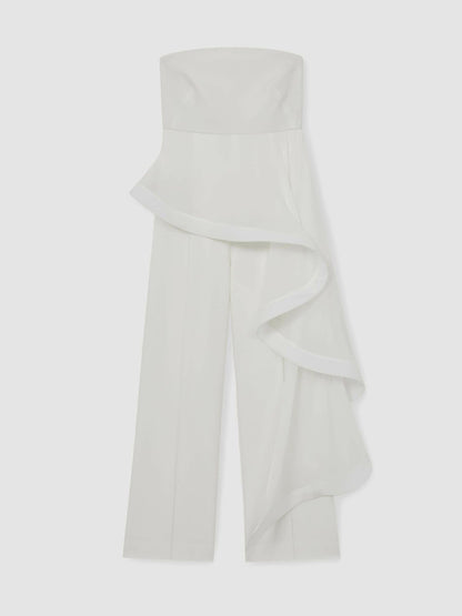 Silk Ruffle Bandeau Wide-Leg Jumpsuit in Ivory | Reiss Women New
