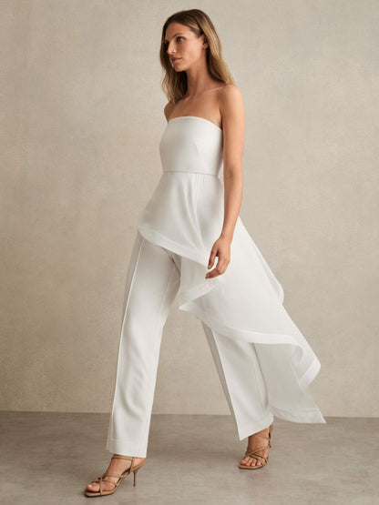 Silk Ruffle Bandeau Wide-Leg Jumpsuit in Ivory | Reiss Women New