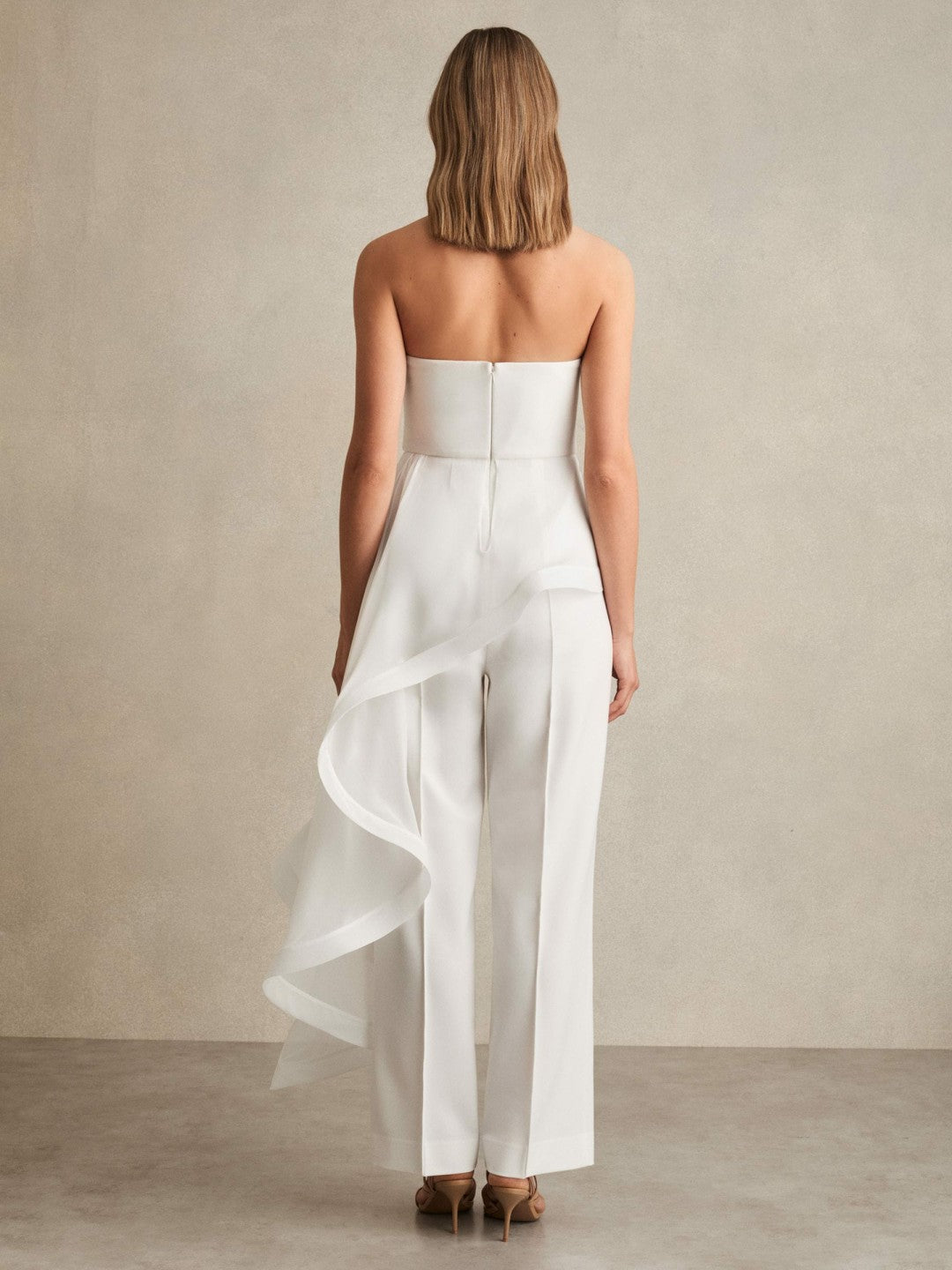 Silk Ruffle Bandeau Wide-Leg Jumpsuit in Ivory | Reiss Women New