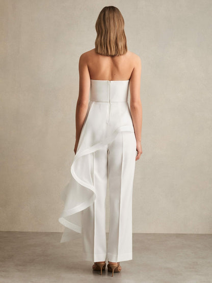 Silk Ruffle Bandeau Wide-Leg Jumpsuit in Ivory | Reiss Women New