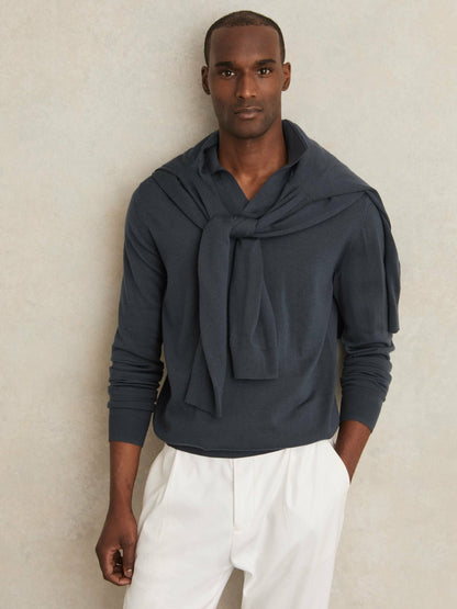 Merino Wool Open-Collar Polo Shirt in Midnight Navy | Reiss Men New