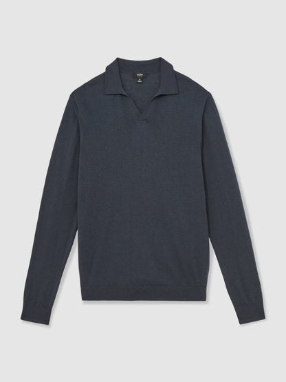 Merino Wool Open-Collar Polo Shirt in Midnight Navy | Reiss Men New
