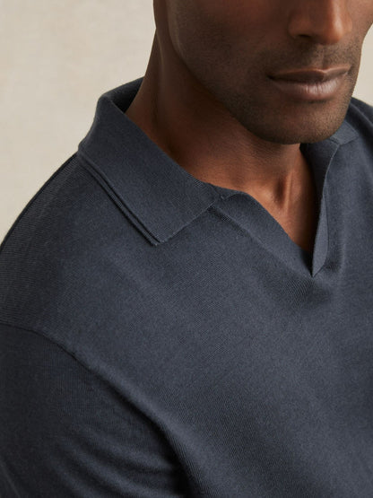 Merino Wool Open-Collar Polo Shirt in Midnight Navy | Reiss Men New