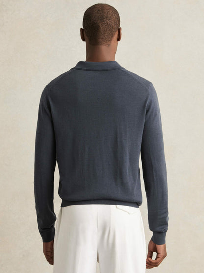 Merino Wool Open-Collar Polo Shirt in Midnight Navy | Reiss Men New