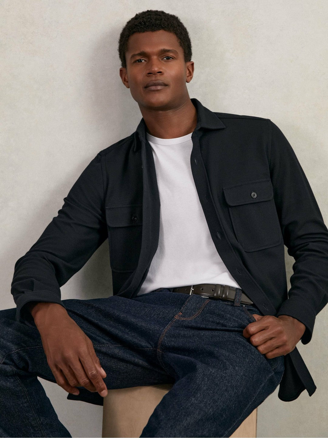 Textured Twin Pocket Cotton Blend Overshirt in Navy | Reiss Men Premium
